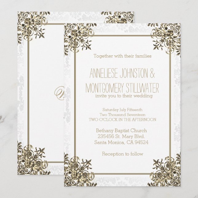 Invitación Elegante diseño ornado de oro en damasco blanco (Anverso / Reverso)