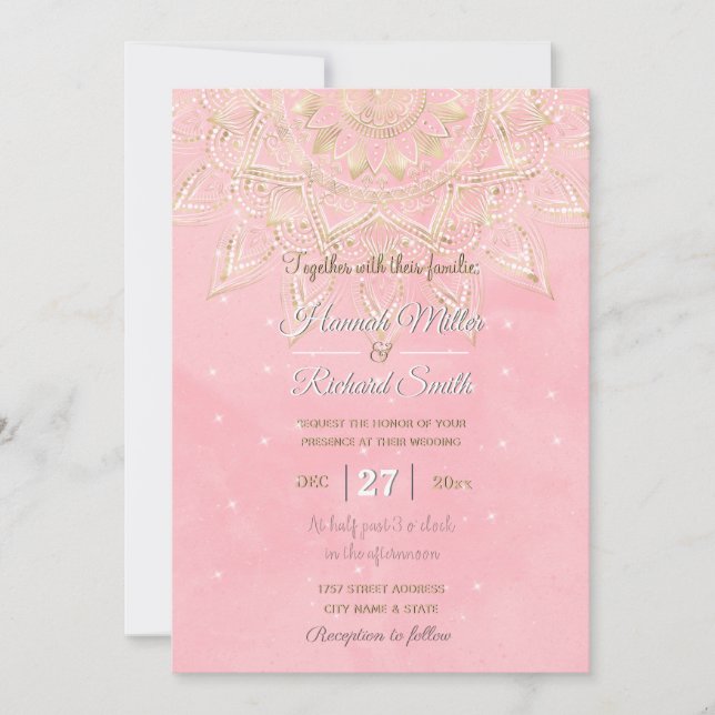 Invitación Elegante diseño rosa Rubor de Mandala blanca y dor (Anverso)