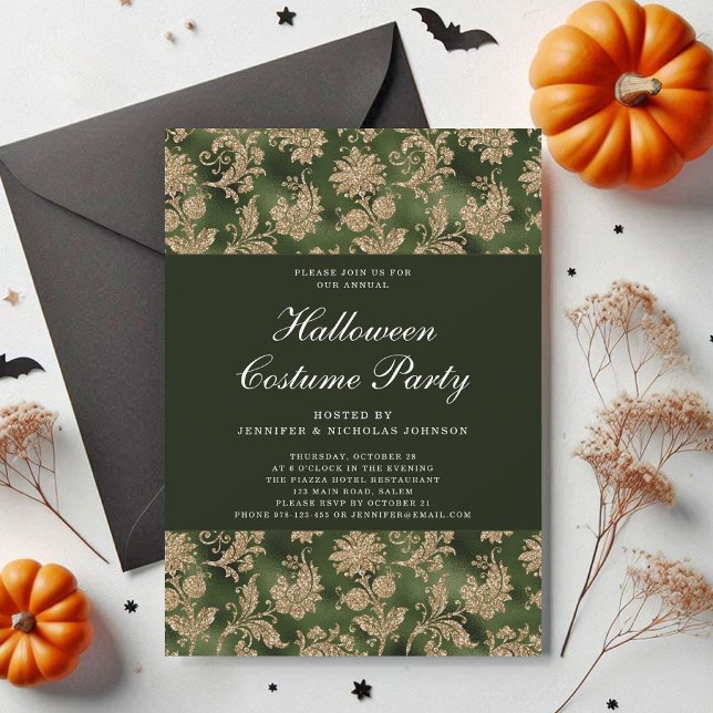 Invitación Elegante disfraz de Halloween Gótico Green Damask (Elegant Gothic Green Damask Halloween Costume Invitation)
