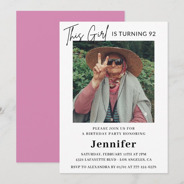 Invitación Elegante Diversión Rosa Foto 92 cumpleaños (Anverso / Reverso)