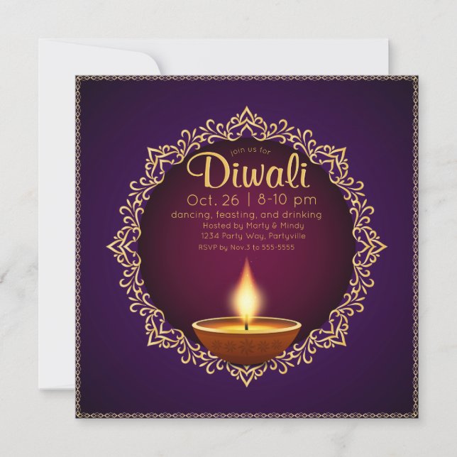 Invitación Elegante Diwali Diyas Púrpura (Anverso)