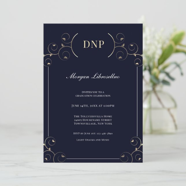 Invitación Elegante DNP grado Gold Blue Graduation Party (Anverso de pie)