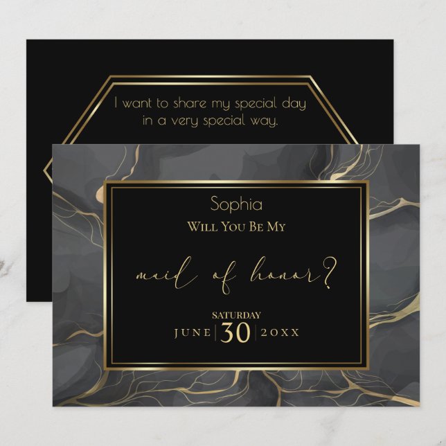 Invitación Elegante doncella de honor de mármol negro y oro (Anverso / Reverso)