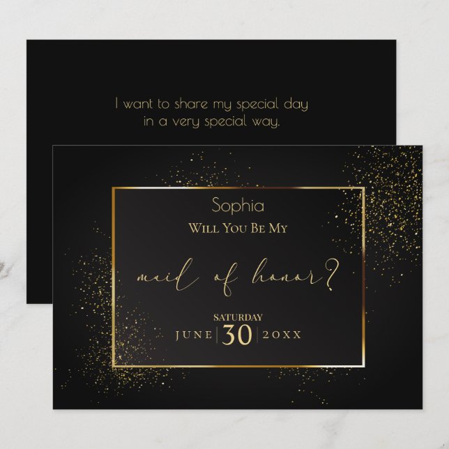 Invitación Elegante doncella de honor negra y Purpurina de or (Anverso / Reverso)