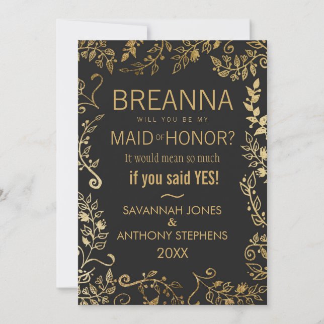 Invitación Elegante doncella floral de oro negro y amarillo d (Anverso)