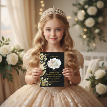 Invitación elegante dorada floral negra para baby 