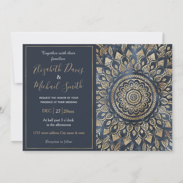 Invitación Elegante dorado azul Mandala Floral (Anverso)