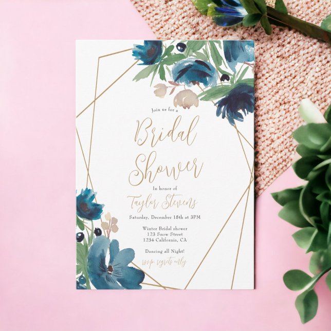 Invitación Elegante dorado azul polvoriento Floral Bridal Sho (Elegant dusty blue gold Floral Bridal Shower Invitation)