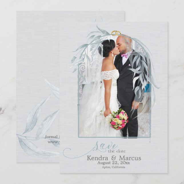 Invitación Elegante dorado azul y turbio Eucaliptus Save the  (Anverso / Reverso)