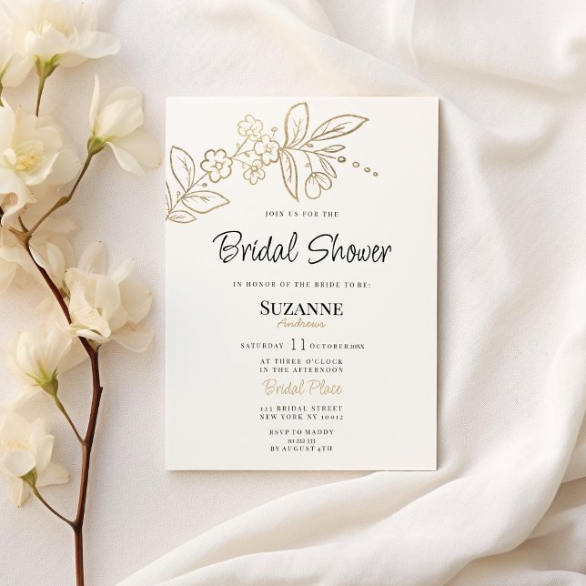 Invitación Elegante dorado blanco simple floral Bridal Shower (Elegant white gold simple floral Bridal Shower )
