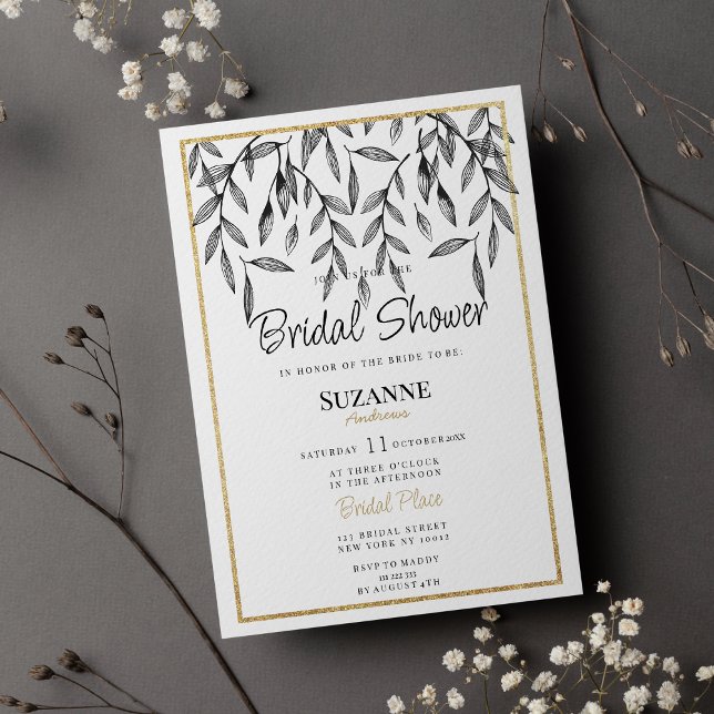 Invitación Elegante dorado blanco simple floral Bridal Shower (Elegant white gold simple floral Bridal Shower)
