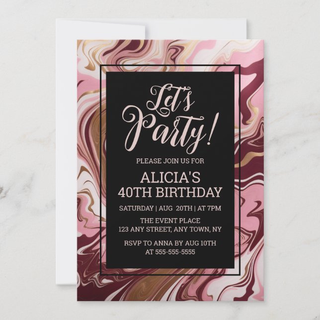 Invitación Elegante dorado Borgoña Pink Marble Fluid Cumpleañ (Anverso)