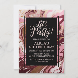 Invitación Elegante dorado Borgoña Pink Marble Fluid Cumpleañ