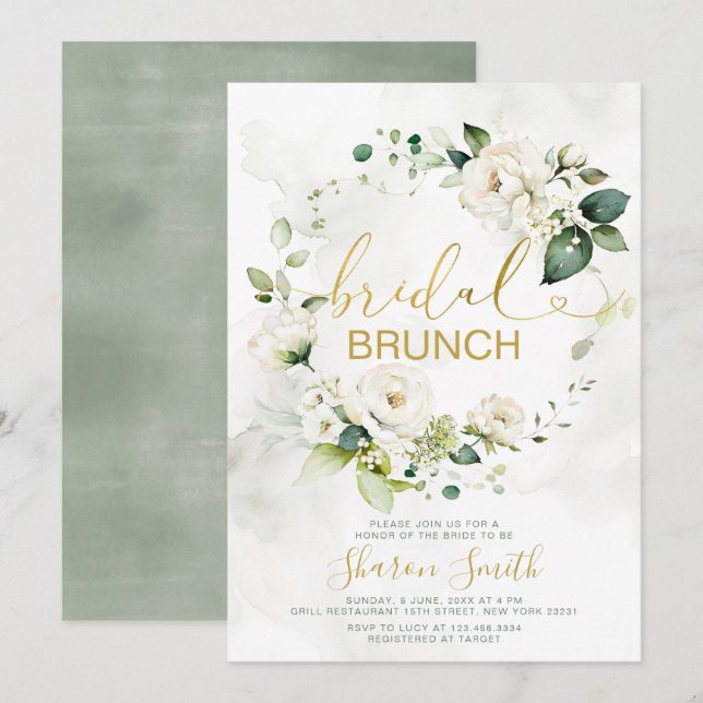 Invitación Elegante Dorado Bridal Brunch Ducha Floral Blanca (Anverso / Reverso)