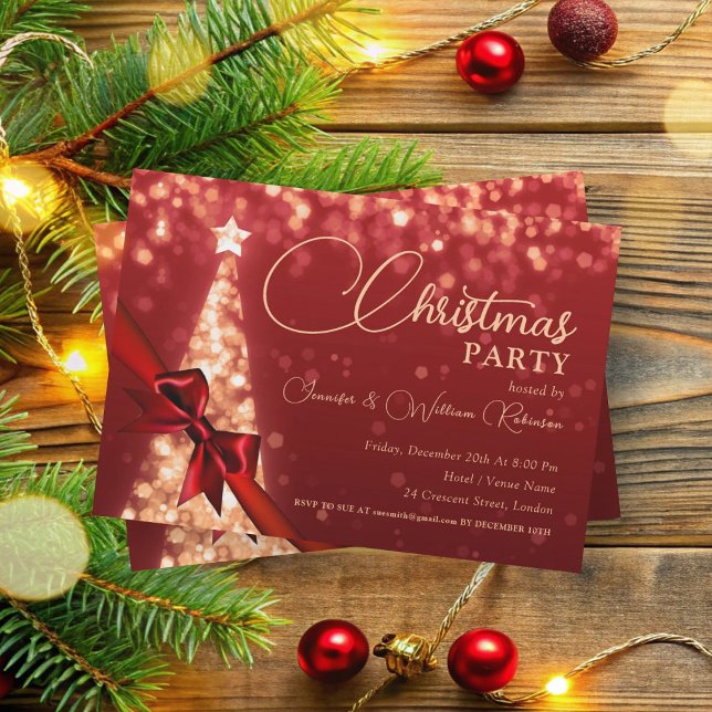 Invitación Elegante dorado brillante Navidad Árbol vacaciones (Elegant Gold Shimmering Xmas Tree Holiday Green Invitation)