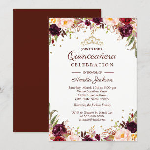 Invitación Elegante Dorado Burgundy Floral Quinceanera