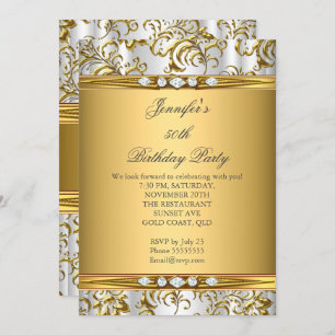 Invitación Elegante dorado Damask White Silver Diamante Cumpl