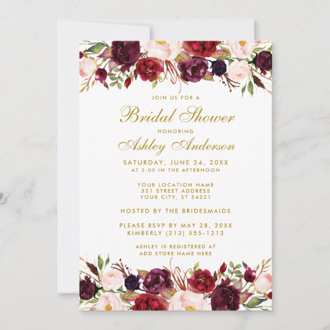 Invitación Elegante Dorado Floral Borgoña Bridal Ducha W (Anverso)