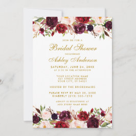 Invitación Elegante Dorado Floral Borgoña Bridal Ducha W