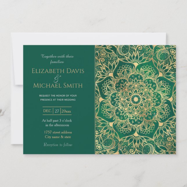 Invitación Elegante Dorado Floral Mandala Diseño Verde (Anverso)