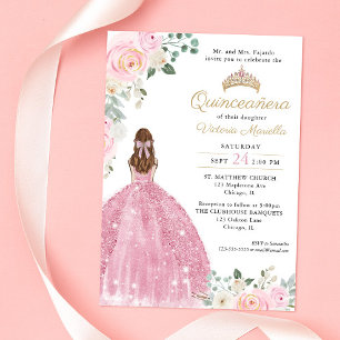 Invitación Elegante dorado floral rosa rosa Quinceañera 15