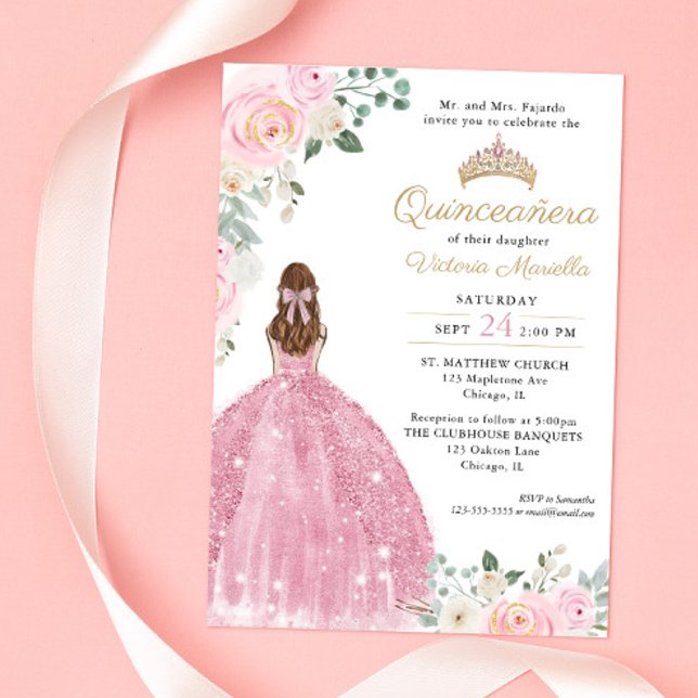 Invitación Elegante dorado floral rosa rosa Quinceañera 15 (Subido por el creador)