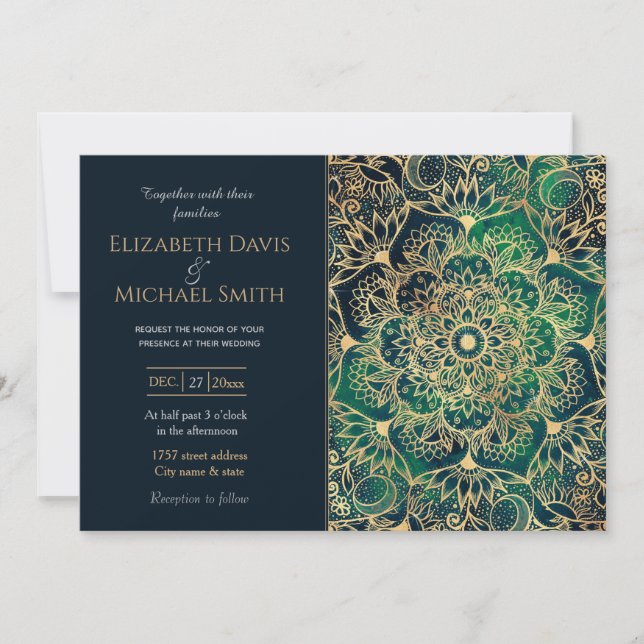 Invitación Elegante dorado Mandala Floral Verde Azul (Anverso)