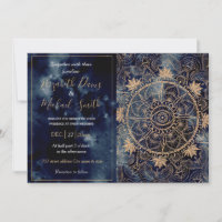 Elegante dorado Mandala Ojo Sol Luna Azul