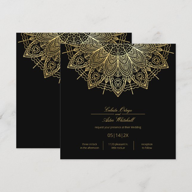 Invitación Elegante dorado Mandala simple Boda negro (Anverso / Reverso)