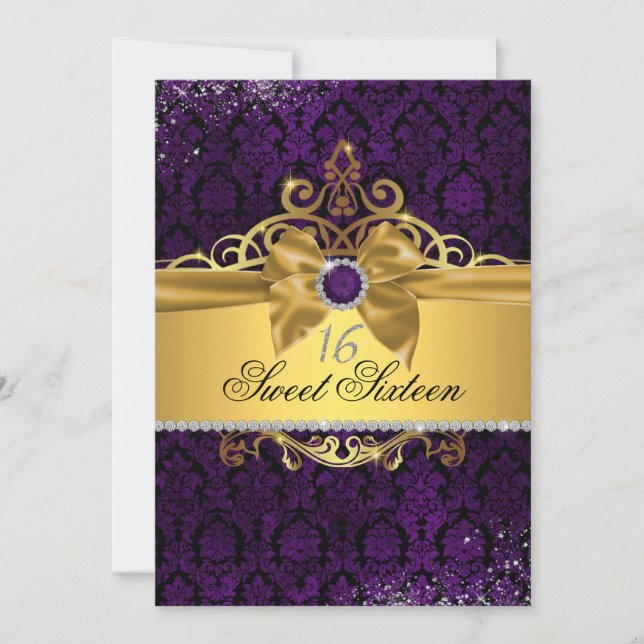 Invitación Elegante dorado morado damasco 16 invitados (Anverso)