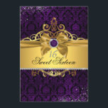Invitación Elegante dorado morado damasco 16 invitados<br><div class="desc">Elegante joya morada y damasco con arco de seda dorada y tiara. Más colores disponibles en la Pequeña Tienda Bayleigh!</div>