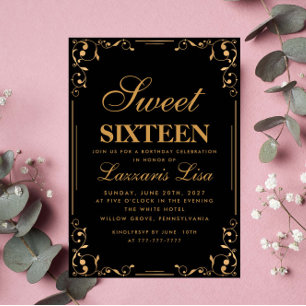 Invitación Elegante dorado negro dulce dieciséis cumpleaños