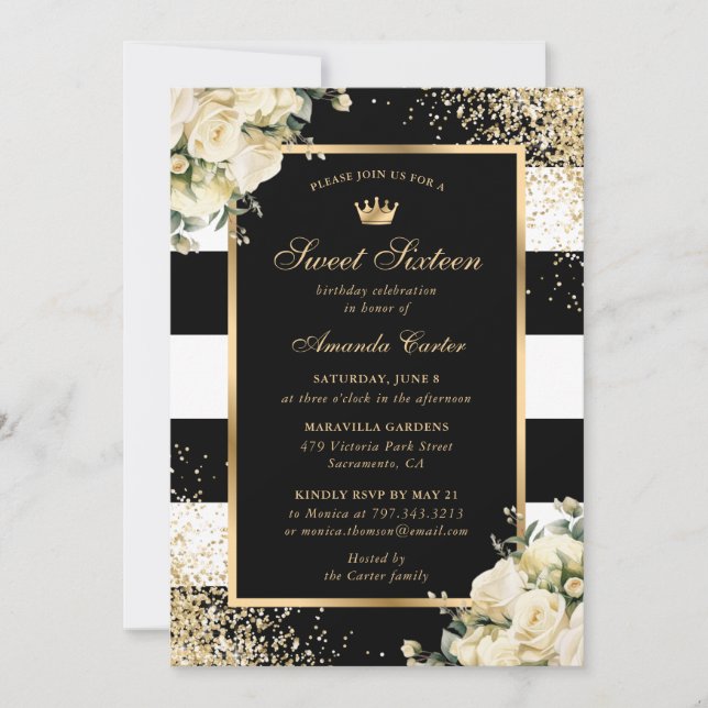 Invitación Elegante dorado negro marfil floral dulce 16 cumpl (Anverso)