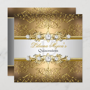 Invitación Elegante dorado plateado Damask Quinceanera