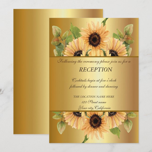 Invitación Elegante dorado,Recepción de boda Sunflowers (Anverso / Reverso)