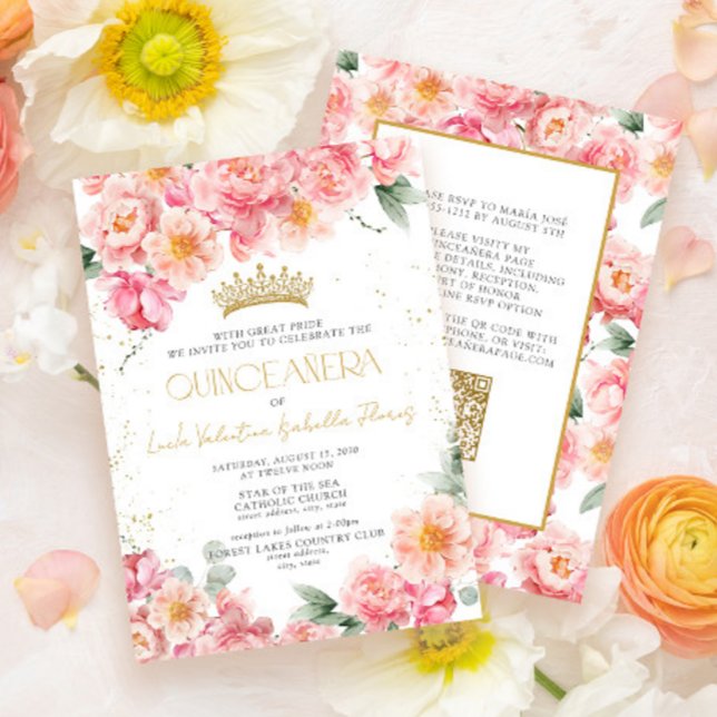 Invitación Elegante dorado rosa QR Código Floral Quinceañera (Subido por el creador)