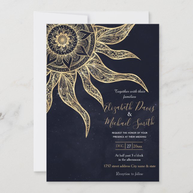 Invitación Elegante Dorado Sun Mandala Blue Nebula Diseño (Anverso)