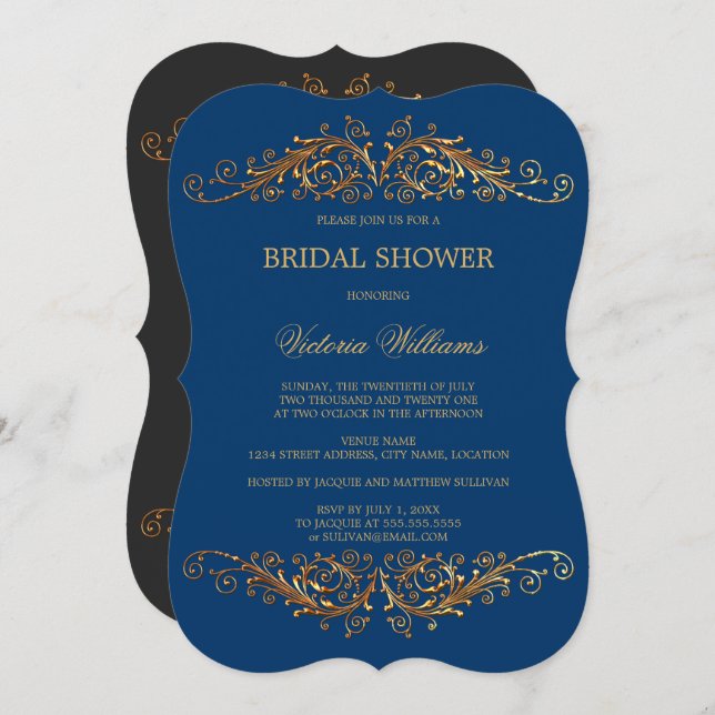 Invitación Elegante dorado Swirls Blue (Anverso / Reverso)