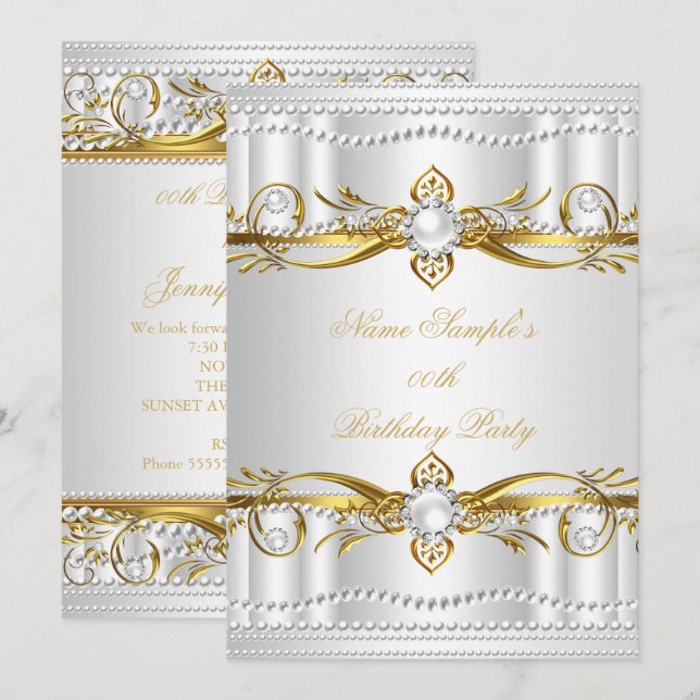 Invitación Elegante dorado White Silver Pearl Cumpleaños 3 (Anverso / Reverso)