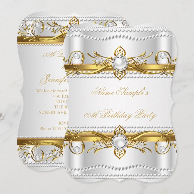 Invitación Elegante dorado White Silver Pearl Seda Cumpleaños (Anverso / Reverso)