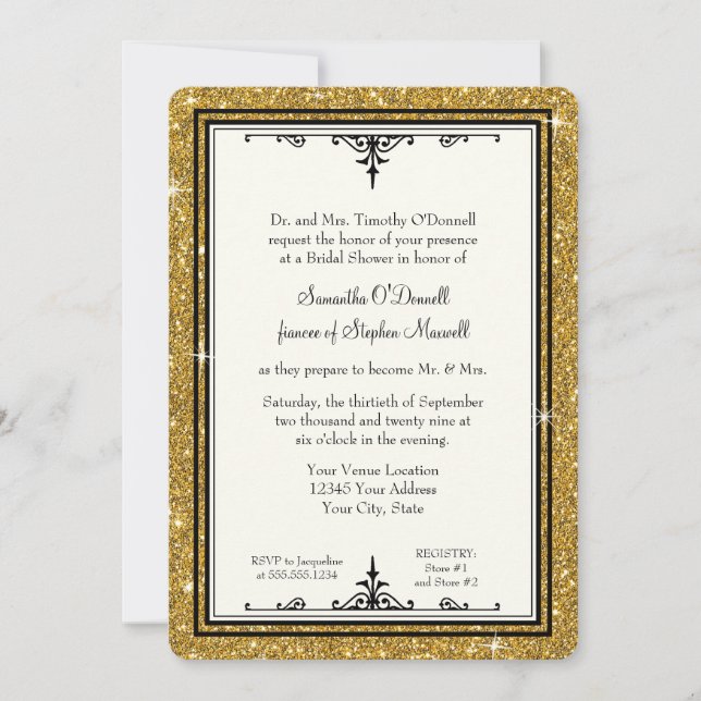 Invitación Elegante dorado y ducha de novia con guión de colo (Anverso)