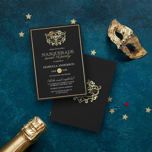 Invitación Elegante dorado y dulce de máscaras negras 16 Fies (Subido por el creador)