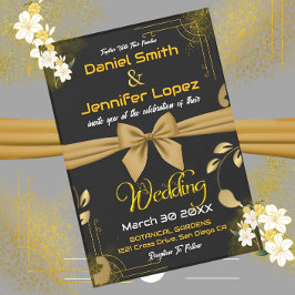 Invitación Elegante dorado y negro con Boda floral blanco