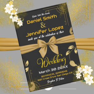 Invitación Elegante dorado y negro con Boda floral blanco