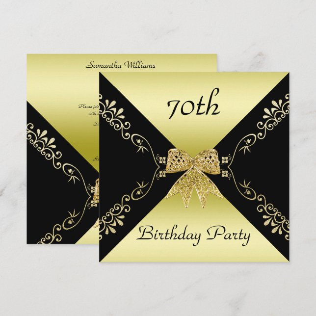 Invitación Elegante dorado y negro decorativo Bow 70 cumpleañ (Anverso / Reverso)