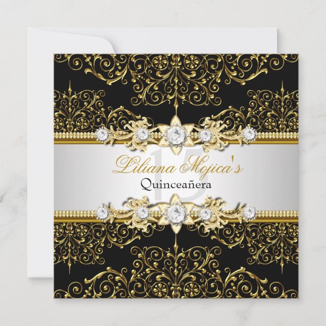 Invitación Elegante dorado y negro Swirl Damask Quinceanera (Anverso)