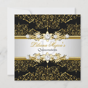 Invitación Elegante dorado y negro Swirl Damask Quinceanera