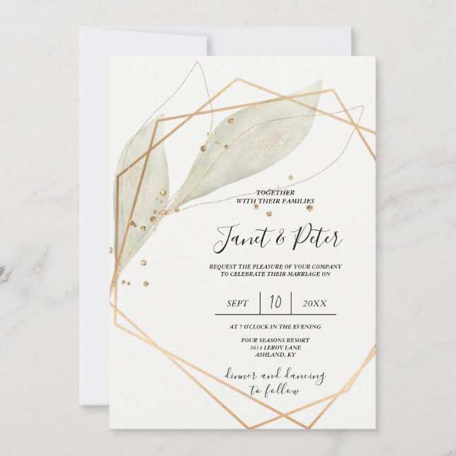 Invitación Elegante, dorado y sabio sobre fondo de marfil (Anverso)