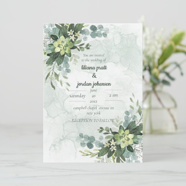 Invitación Elegante dorado y verde Eucalyptus Moss Sages Invi (Anverso de pie)