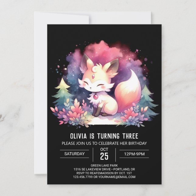 Invitación Elegante Dreamy Fox Birthday digital (Anverso)